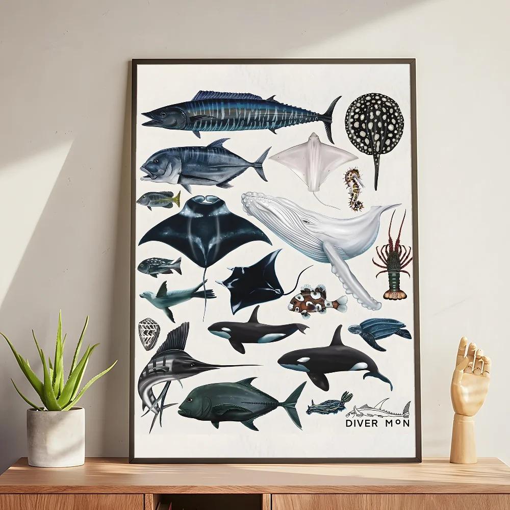Whale and Shark Seashells Turtles Octopus Fish Marine Life Ocean Animals Poster and Print Canvas Painting Wall Art Home Living Room