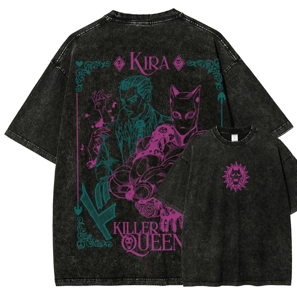 JoJo's Bizarre Adventure Kira Yoshikage Print T-shirt Men Women Tshirts Cotton Clothing Retro Washed T Shirt Harajuku Male Tops