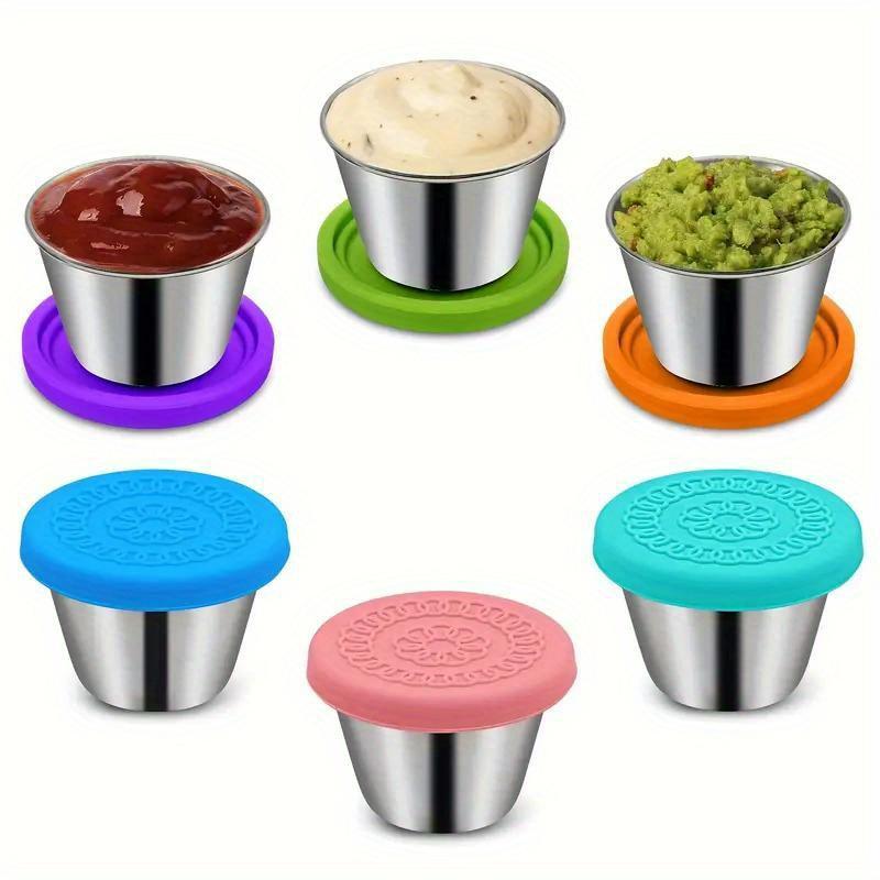 1pc Random Color Leakproof Stainless Steel Sauce Cups with Reusable Silicone Lids - Perfect for Salad Dressing, Bento Lunch Boxes, and Travel