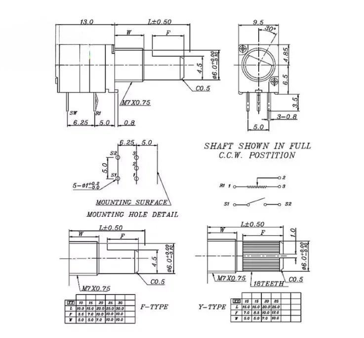 5 шт. RK097G Потенциометр Промышленные переключатели 500K B1K B5K B10K B20K B50K B100K Переключатель Аудио 15мм 5-контактный Усилитель Герметизация