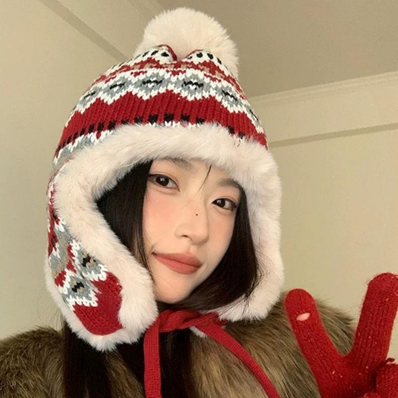 Thermal Ear Flap Hat for Women Winter Knitted Beanie with Fleece Lining Windproof Cold Weather Keep Warm Cap for Outdoor Sports