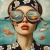 Surrealist Female Portrait Oil On Canvas Wall Art Fantastic Fantasy Fish and Girl Poster Printed Living Room Home Decor