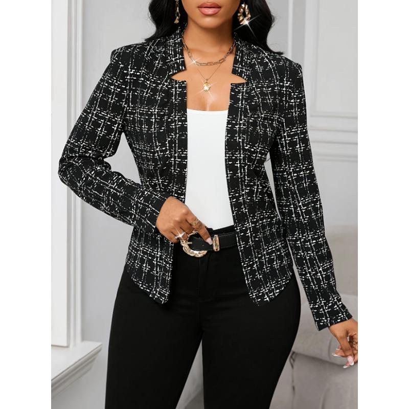 Women's Lightweight Plaid Long Sleeve Jacket - Stylish Open Front Outerwear for Spring & Fall, Black & White Houndstooth Pattern,