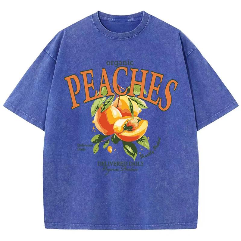 Casual Woman Acid Wash T-Shirts Fresh Peaches Delivered Daily Prints Tops Distressed Crewneck Oversize Cotton Clothes