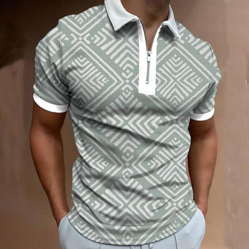Trendy Geometric Pattern Short-Sleeve Zip Polo Shirt for Men
