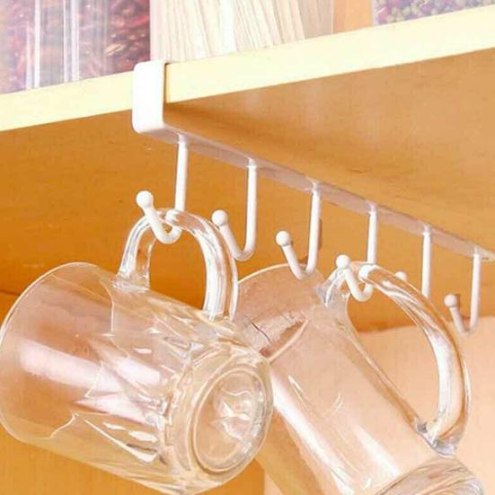 6 Hooks Kitchen Cabinet Wall Hanging Cup Holder Shelf Storage Rack Organizer