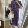 Summer Women Dress Small Flower Print Crew Neck Loose Short Sleeves Pleated Mid-calf Length Pullover Dating Shopping Midi Dress
