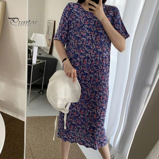 Летнее женское платье с маленьким цветочным принтом и круглым вырезом, свободное платье миди с короткими рукавами и плиссировкой до середины икры, пуловер для свиданий и покупок