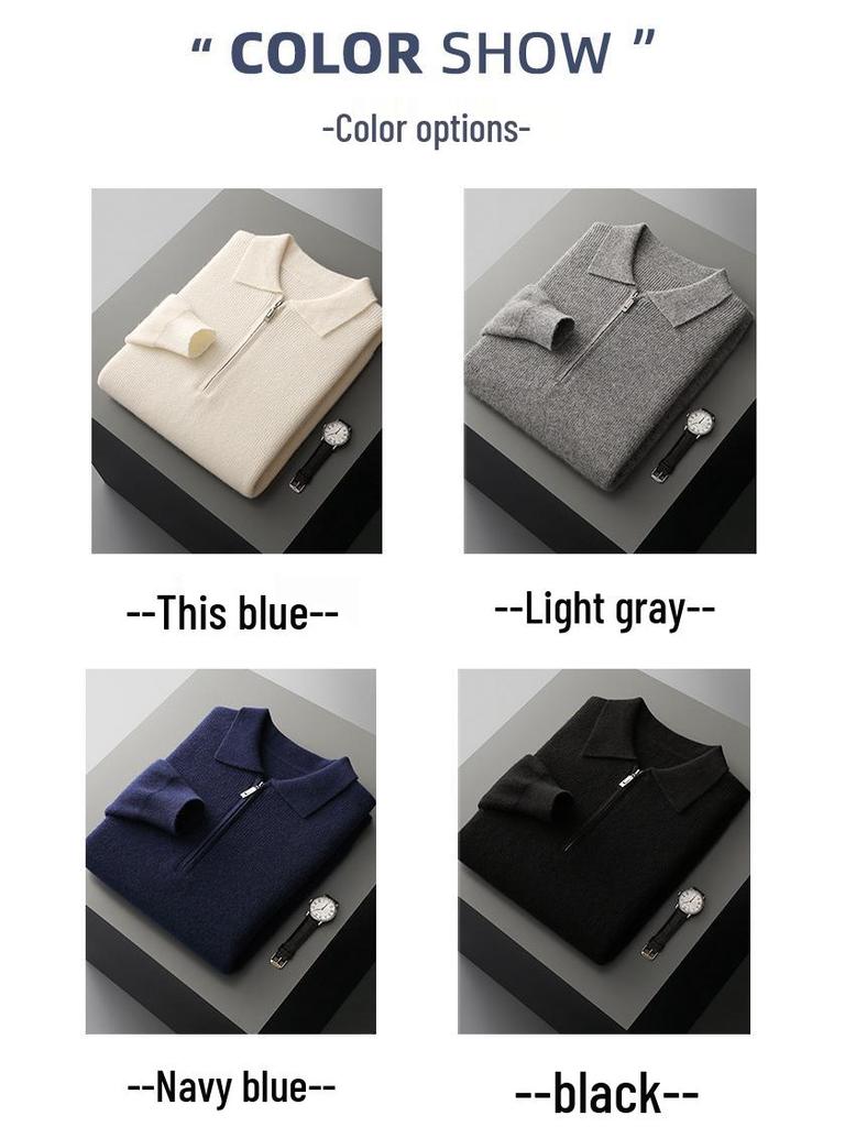 Мужской деловой повседневный пуловер поло из чистой шерсти на молнии - Осенне-зимний пуловер свободной вязки