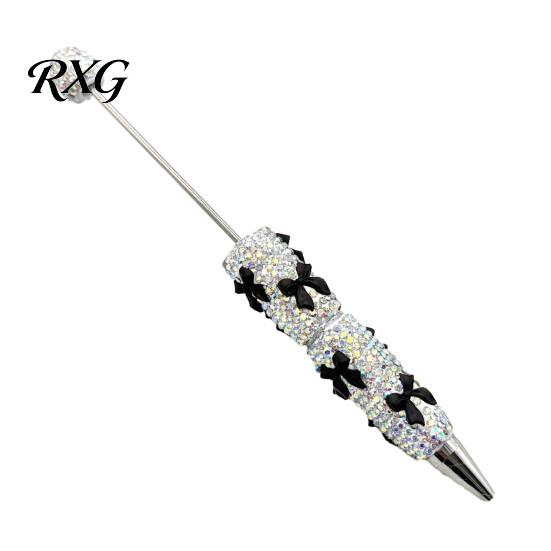 Rhinestone Ballpoint Pen Glitter Beadable Pen, Bow Beaded Handmade DIY Decorative Ink Bling Black Pens for Making, School Office Supplies Sweet Style