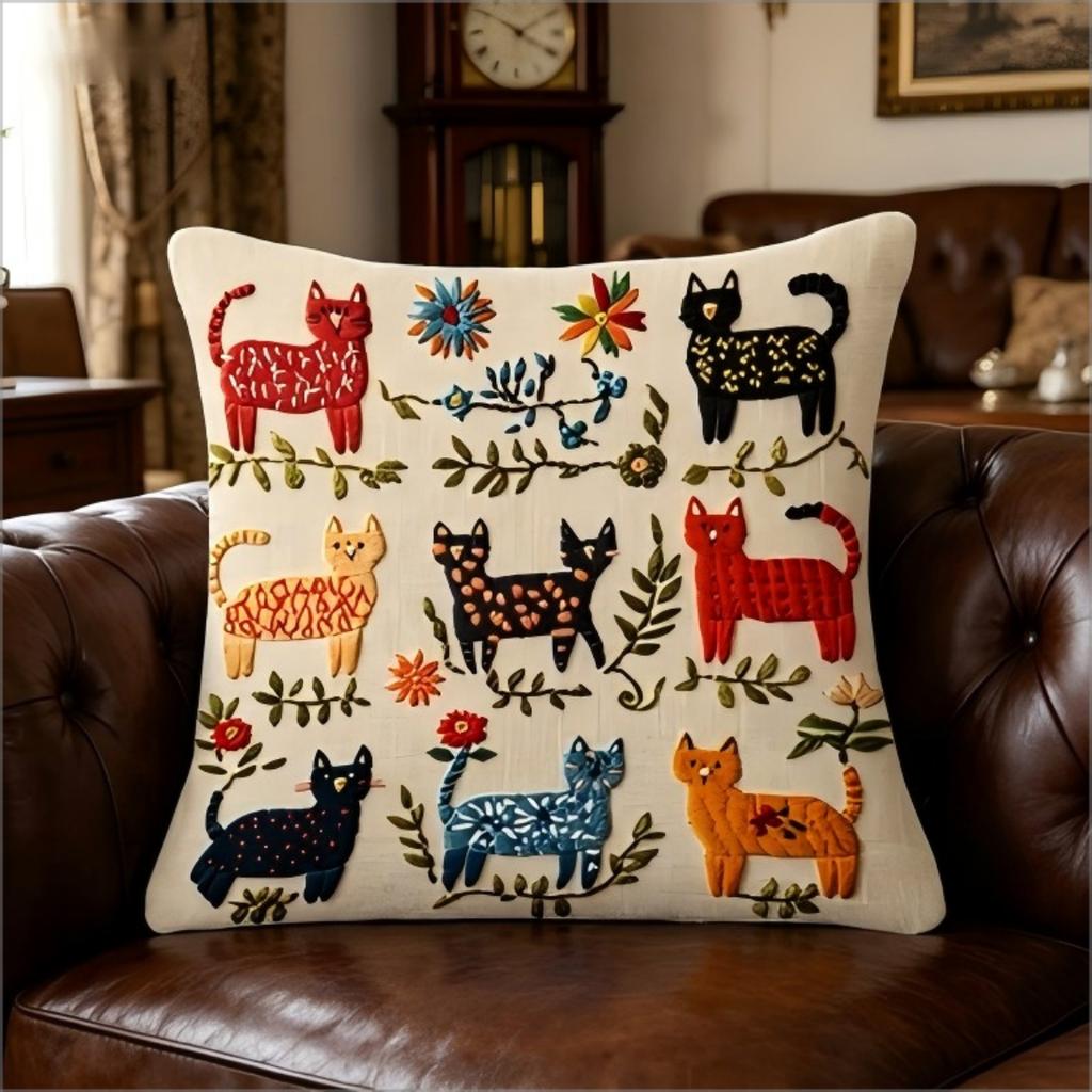 Cute Cat Throw Pillow Cover, Folk Art Style Multicolor Cats & Flowers Decorative Pillow Case