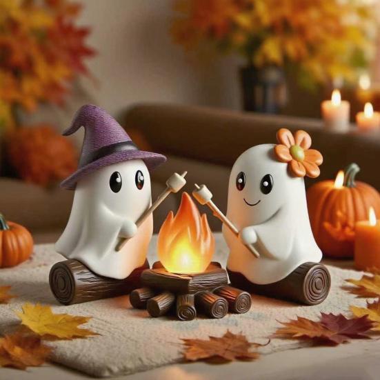 Ghost Campfire Gathering Halloween Decor Cute 2 Ghost And Bonfire Figurine Resin Ghost Night Light for Home Mantel Shelf Desk Decor