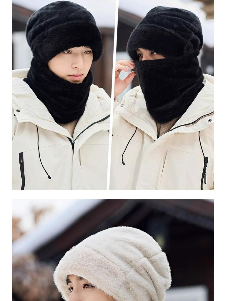 Men's 2025 Velvet Thick Beanie with Scarf & Ear Protection - Windproof & Warm for Autumn/Winter