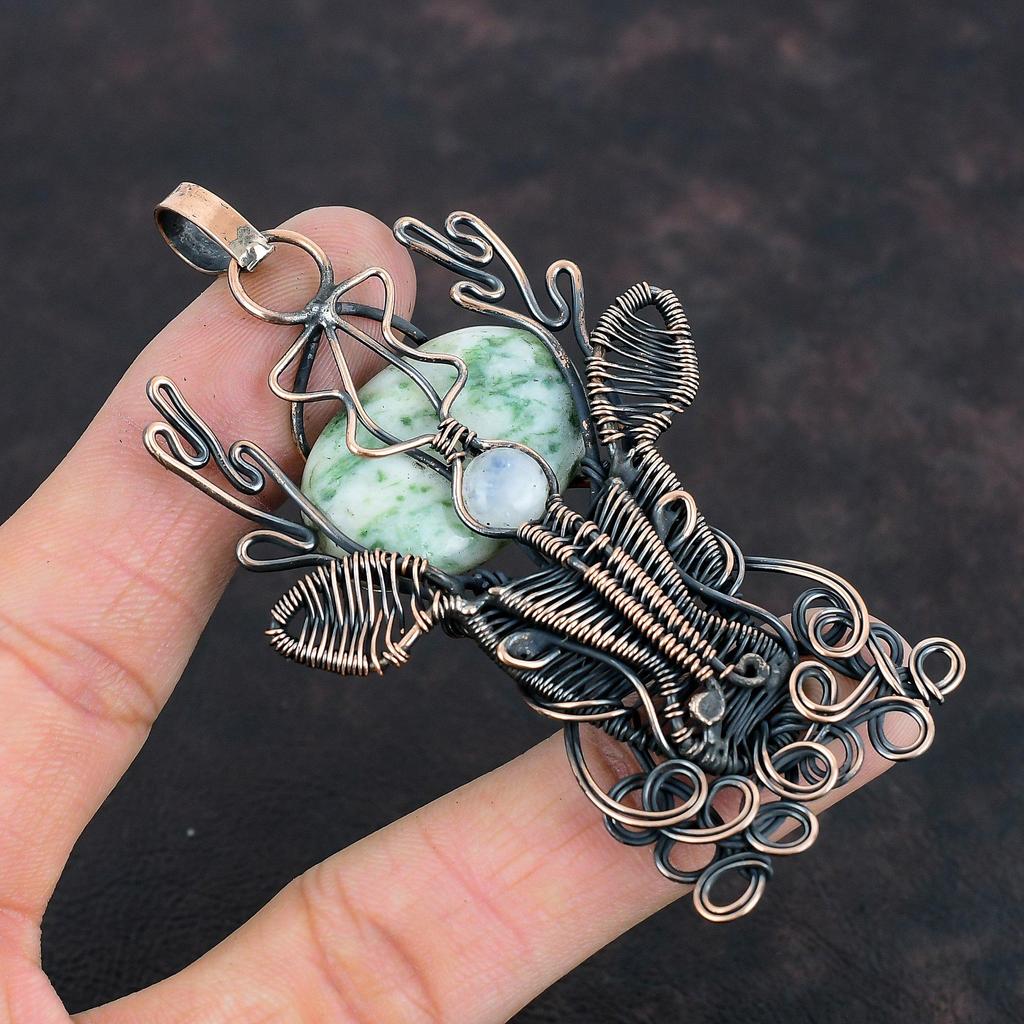 Подвеска из древесного агата, подвеска из радужного лунного камня, подвеска из медной проволоки, ювелирные изделия из драгоценных камней, подвеска в виде оленьей морды, подвеска ручной работы, подарки для жены