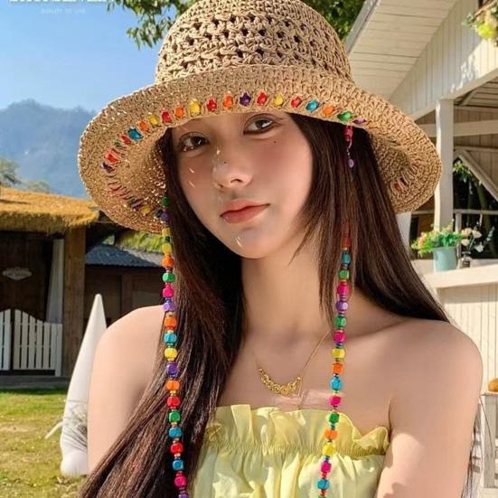Women Straw Hat Wide Brim Breathable Straw Weaving Hat with Colorful Beads Decor Flexible Edges Sun Hat