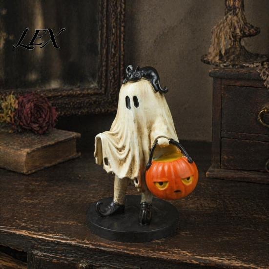 Halloween Ghost Figurine Vintage Figurine, Cute Spooky Resin Statue with Pumpkin Bucket And Black Cat for Indoor Kitchen Home Decor Trendy Room
