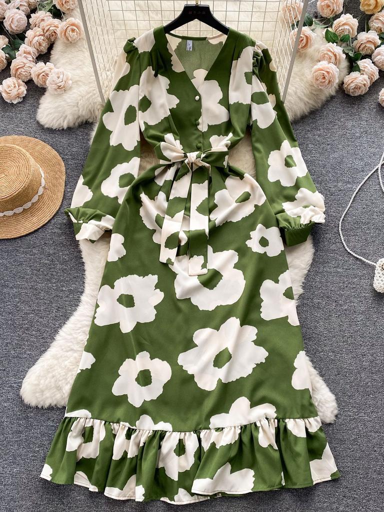 Модное женское платье с цветочным принтом, осеннее элегантное винтажное Бандажное длинное платье макси с рюшами по подолу, вечерние платья