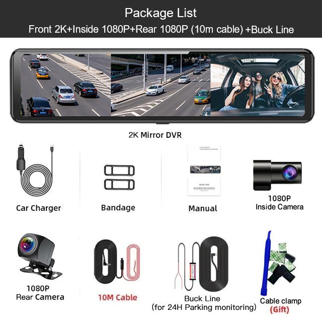 Dash Cam Mirror 12 Inch Touch Screen QHD 2K 3-Lens Video Recorder Rearview Mirror 3 Channel WiFi Car DVR Mirror DVR Black Box