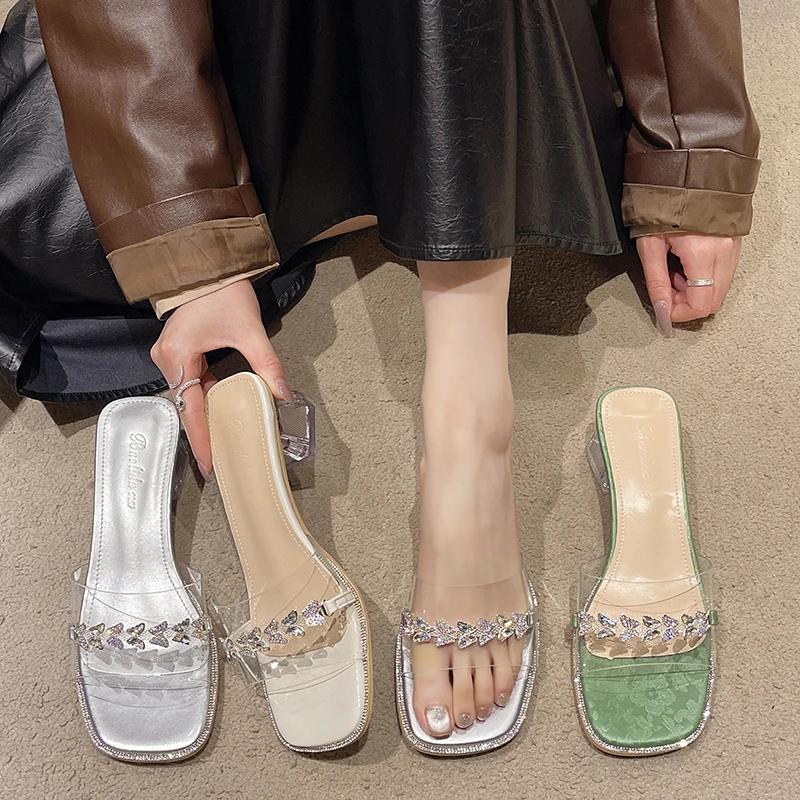 Fish Mouth Transparent Sandals Women's High Heels Fine Heel Rhinester Fairy Wind 2024 New Summer High Heels Slippers
