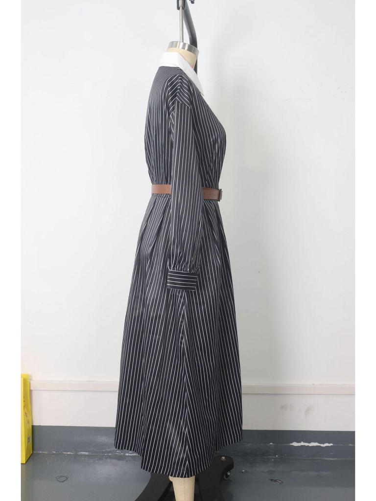 Женское ретро-платье-рубашка в полоску (европейский и американский стиль), Осенняя коллекция - Свободный крой с поясом, Color-block, Дизайн с воротником-рубашкой