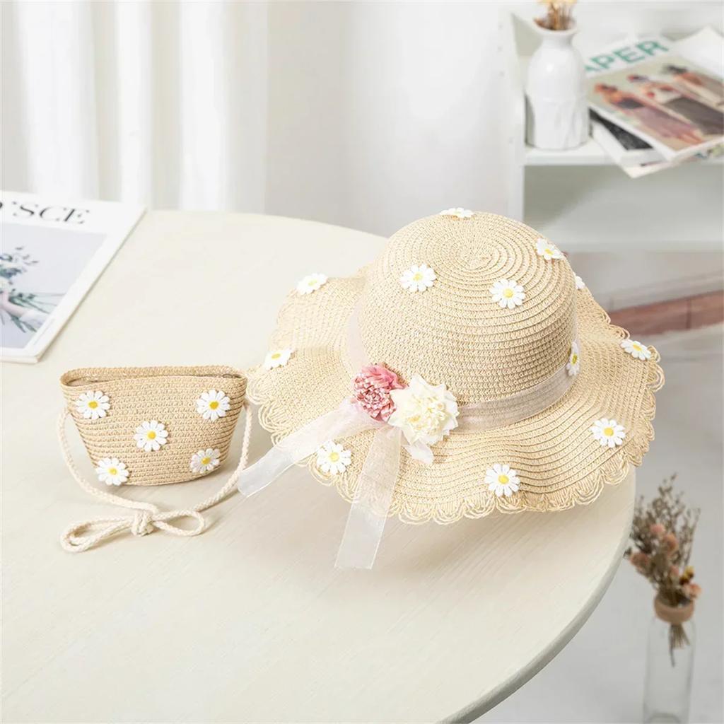 New Girls Chamomile Floral Straw Hat Handbag Sets Child Baby Straw Hat Kids Outdoor Beach Sun Bags Set Travel Holiday Sun Cap