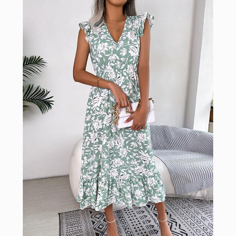 Весенне-летнее длинное платье с цветочным принтом, женское праздничное элегантное платье с высокой талией, женское элегантное платье с v-образным вырезом, тонкие винтажные платья, женская одежда 24329