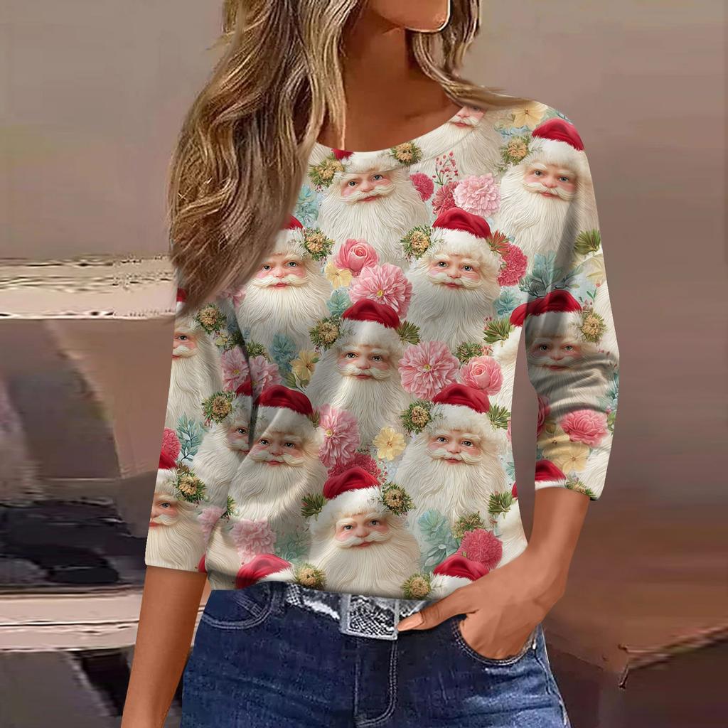 Женская Мода Повседневный Рукав Три Четверти Рождественский Принт Горловина Топ