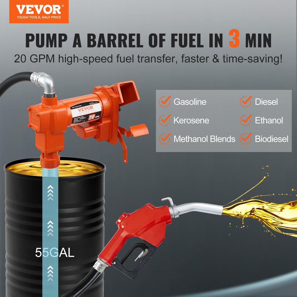 VEVOR Fuel Transfer Pump, 12V DC 20 GPM 1/4 HP, Gasoline Extractor Pump with Automatic Nozzle, Discharge Hose & Suction Pipe for Gasoline, Diesel