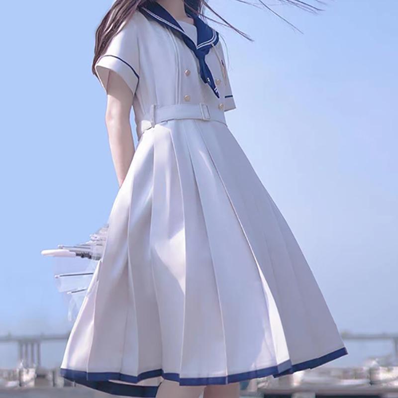 Dress Women JK Girls Japanese Preppy Style Lolita Sailor Suit Dresses Y2k Gothic Kawaii Vintage Short Sleeve Summer Midi Dress