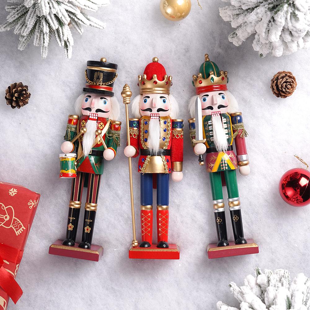 3pcs 30cm Unique Wooden Nutcracker King Drummer Soldier Handmade Christmas Decor Puppet Ornaments Holiday Decor Collectible Gift