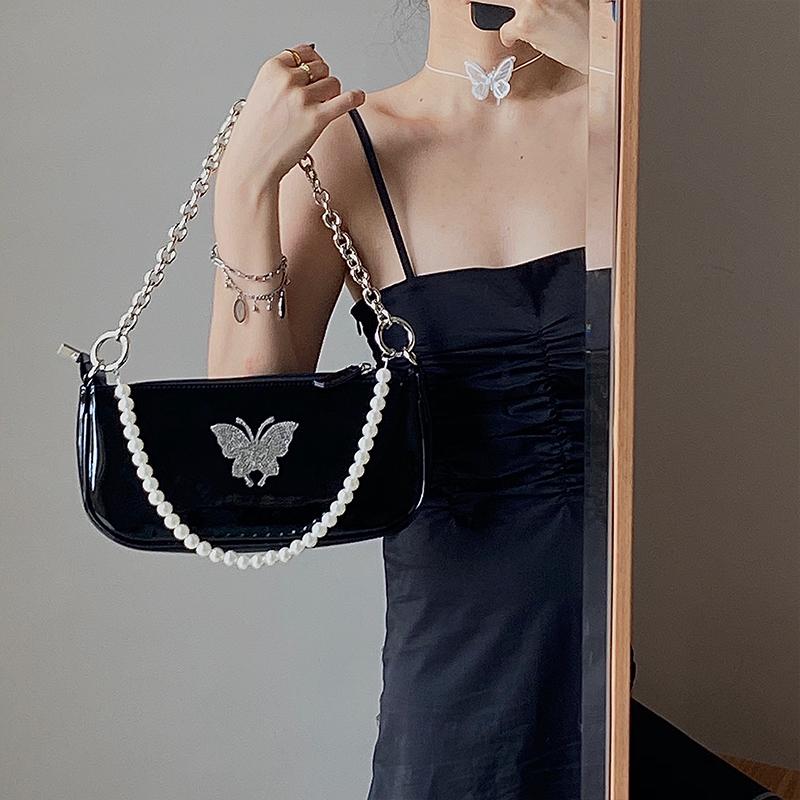 Designer Underarm Bag Summer New PU Butterfly Pattern Pearl Chain Glossy Lacquer Leather One Shoulder Crossbody Bag