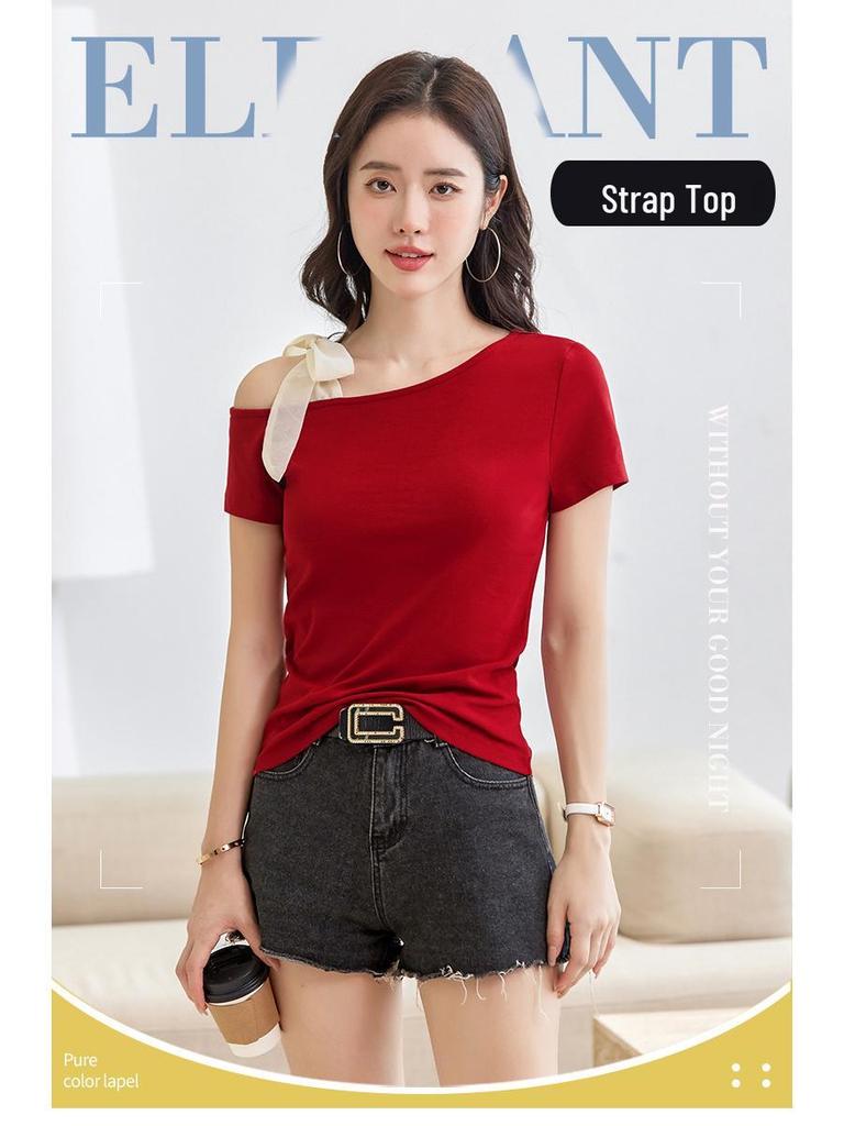 2025 Sexy Korean Off-the-Shoulder Slimming T-Shirt - Women's Cotton Short Sleeve Top