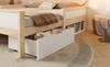 Children's bed 90×200 cm, cat ear headboard & RGB LED, slatted frame, drawer & storage compartment, guard rails, white & oak, without mattress