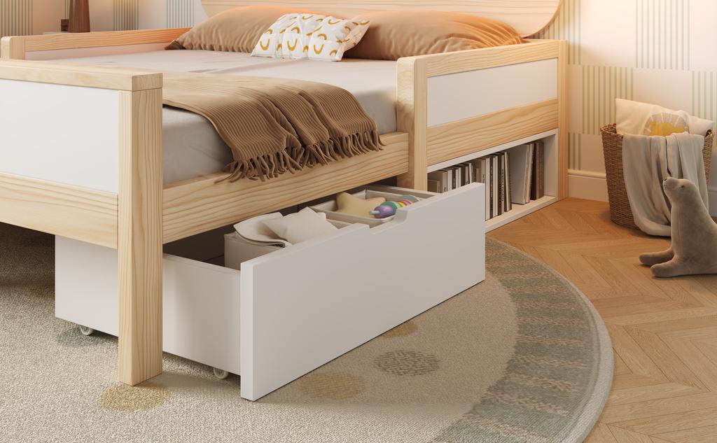 Children's bed 90×200 cm, cat ear headboard & RGB LED, slatted frame, drawer & storage compartment, guard rails, white & oak, without mattress