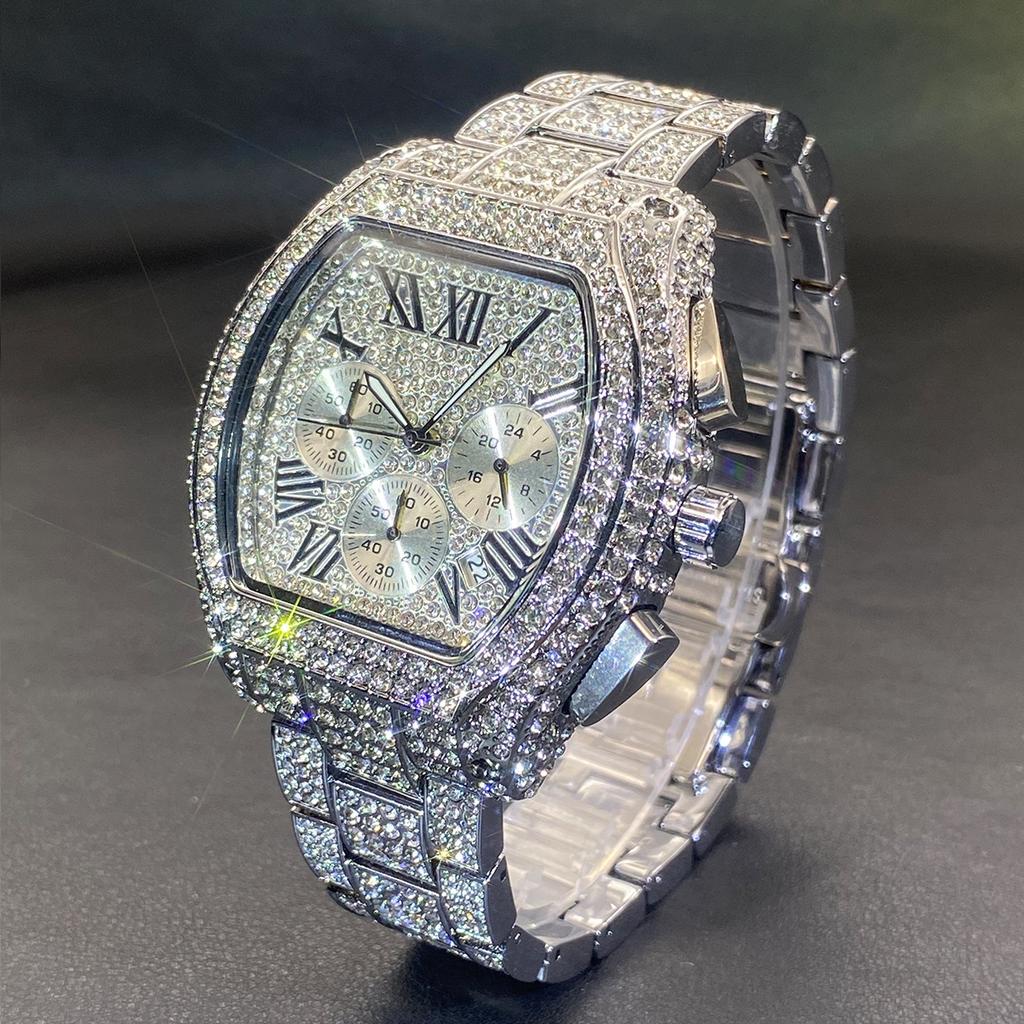 Watch, Hip Hop Men's Full Diamond Multifunction Timing Luminous Wine Barrel Quartz Watch