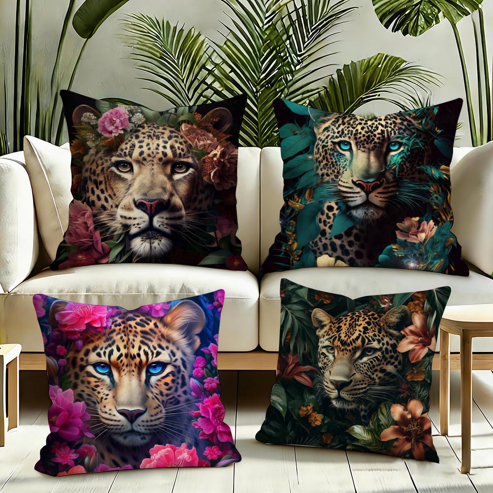 Fashion Leopard With Wreath Animals Cushion Cover Reversible Plush Pillow Cover Soft Fluffy Home Decor for Sofa Bedroom