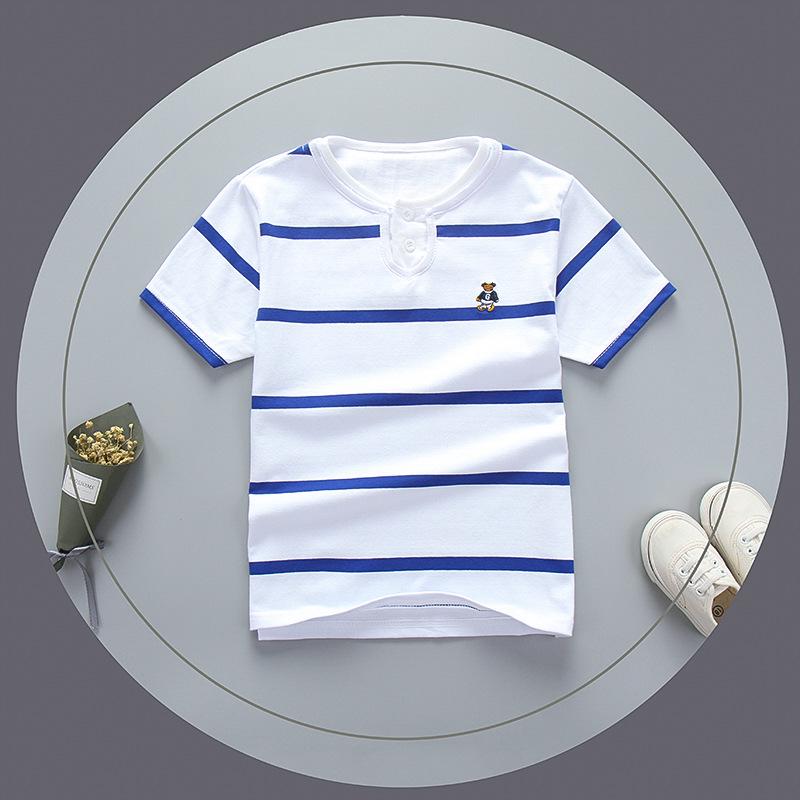 Футболка с короткими рукавами для мальчиков. Хлопковая детская летняя детская одежда с двойным вырезом и круглым вырезом. Детская одежда в полоску с короткими рукавами из чистого хлопка.