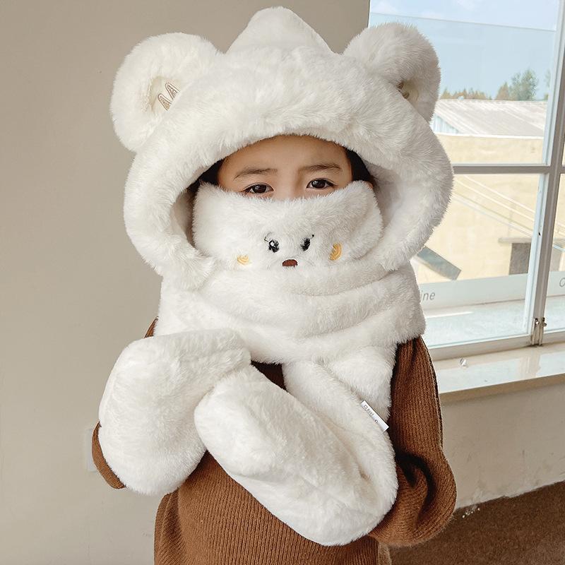 Осенне-зимняя шапка-медведь, женский комплект из четырех предметов: шарф и перчатки, милая теплая шапка, детская плюшевая шапка, защищающая от холода и ветра
