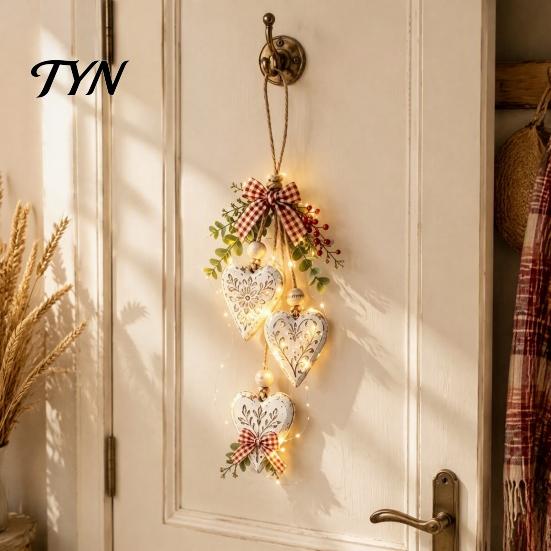 Outdoor Balcony Garden Ornaments Heart-Shaped Wooden Decorative Hanging with LED Light, Rustic Farmhouse Heart Wall Pendant Thanksgiving Door