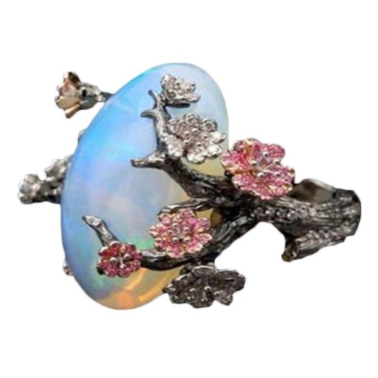 Vintage Women Faux Opal Plum Blossom Flower Two Tone Finger Ring Jewelry Gift