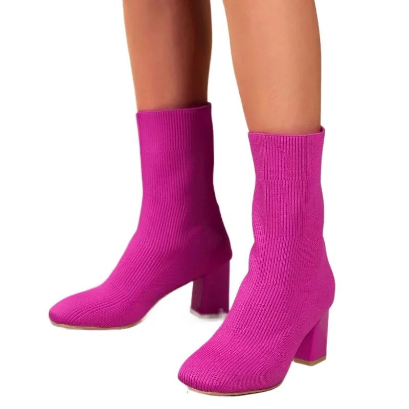 2024 Женская обувь Ботильоны женские Ботинки больших размеров Вязаные ботинки женские Шитье квадратный носок Высокий толстый каблук Слипоны женские