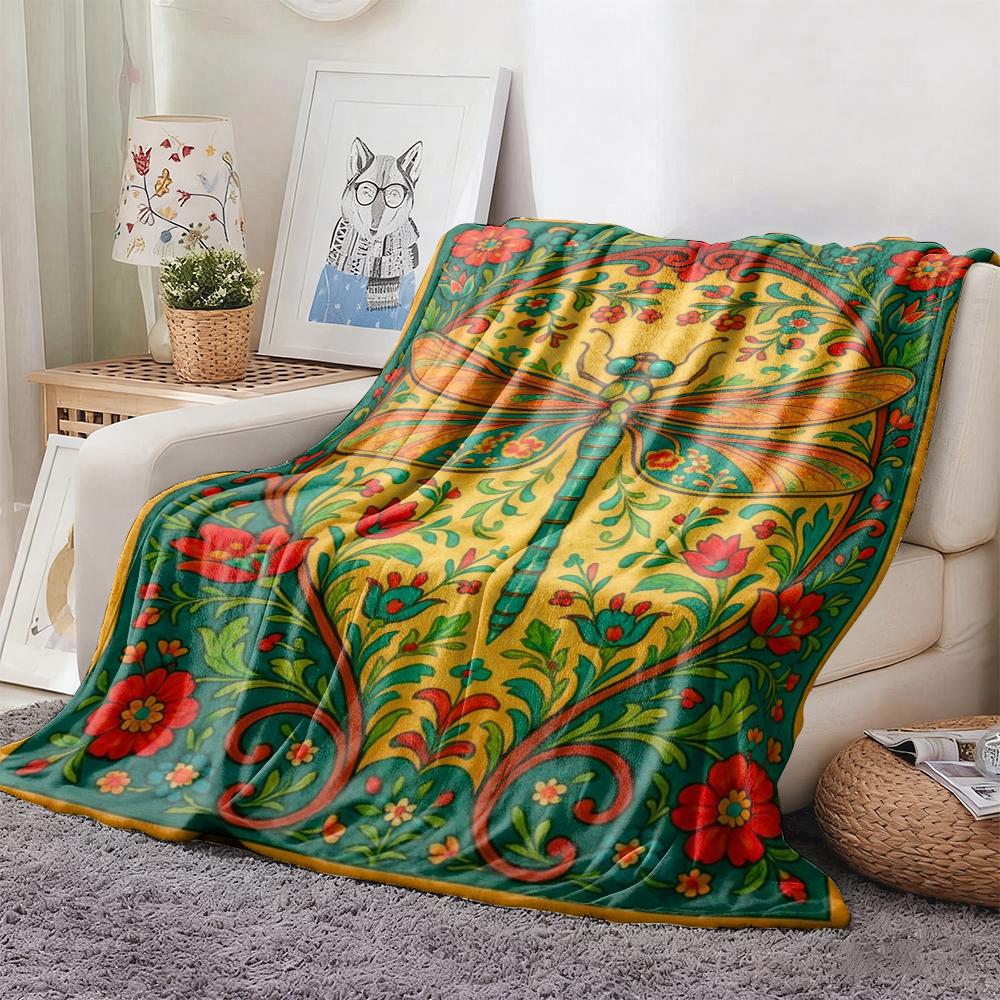 Vibrant Floral Dragonfly Flannel printed blanket suitable for all seasons suitable for living room office sofa and travel