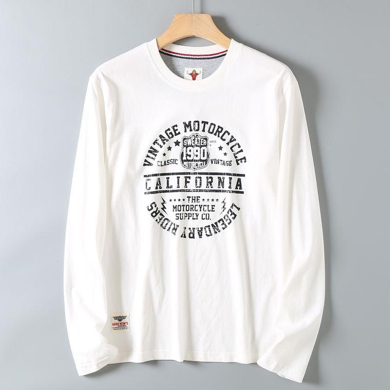 Retro Trendy Letter Print Long-Sleeve T-Shirt for Men, American-Style Casual Washed Pure Cotton, Comfortable Round-Neck Base Shirt