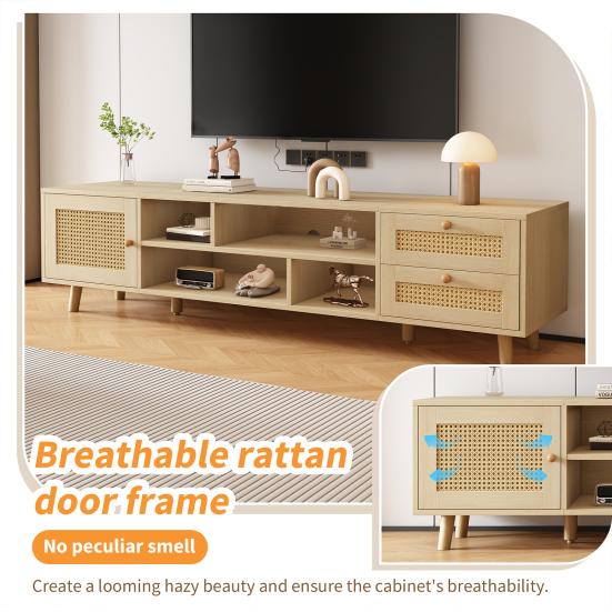 TV Cabinet Premium 160cm Wood-Colored Rattan for 70-Inch TV-Cable Management 2 Drawers Entertainment Center 1 Door Cabinet Base Living Room