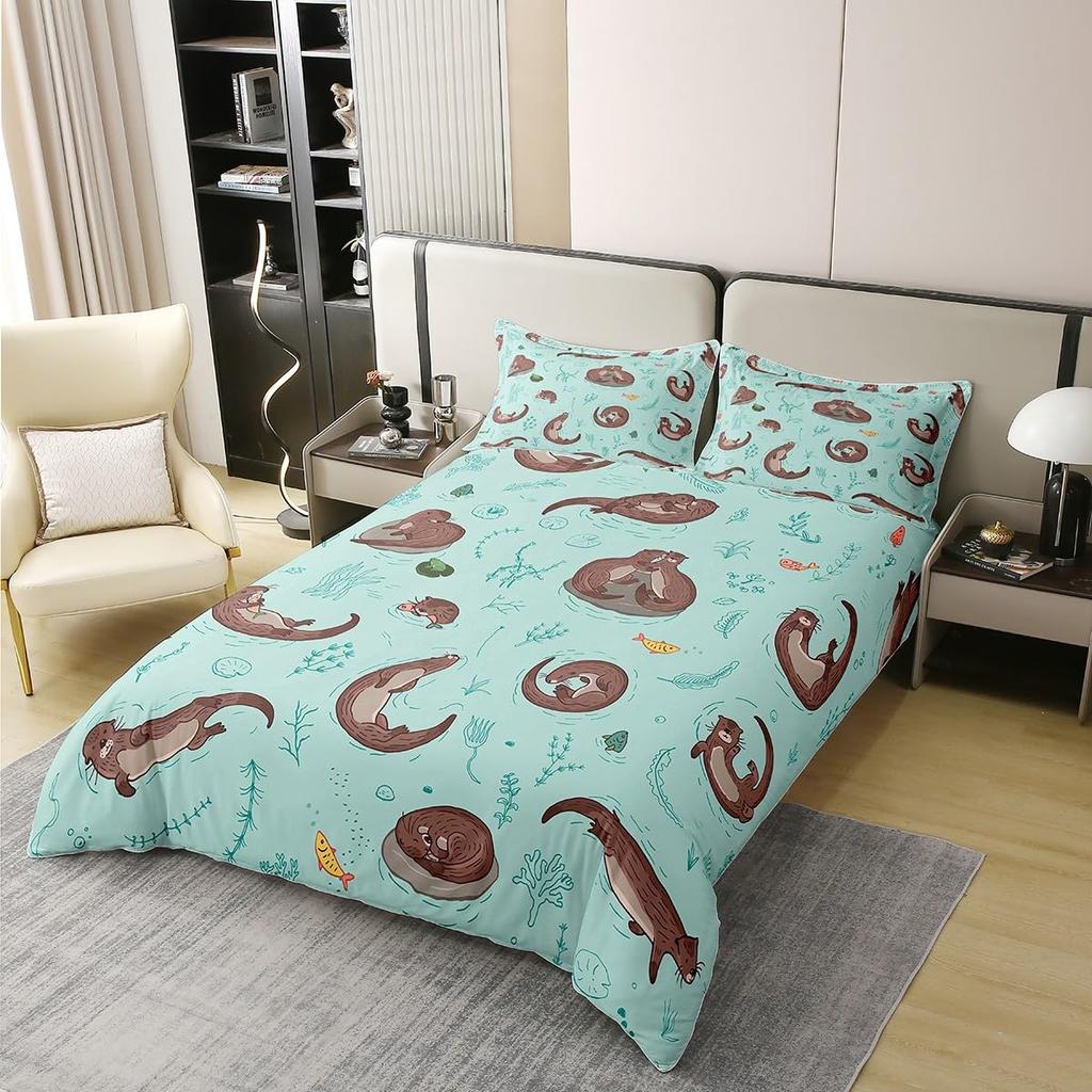 Sea Otter Duvet Cover Set Ocean Creature Otter Toddler Soft Polyester Bedding Set Cute Cartoon Animal Print Comforter Cover Sets