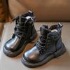 Дети 1Девочки Черные кожаные сапоги Девочки Одинарные сапоги Мальчики Короткие сапоги Осень и зима Бархатные хлопковые сапоги Tide