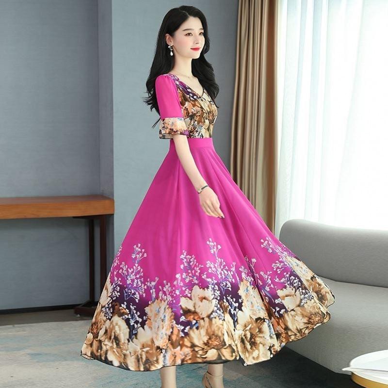 Платье с фрагментированным цветком, женское платье, темпераментное длинное платье с короткими рукавами