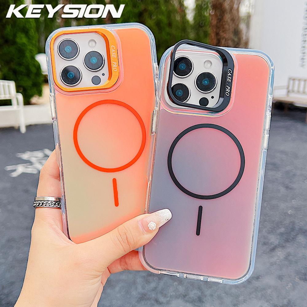 KEYSION Цветной градиентный магнитный чехол-подставка с держателем для линз для iPhone 16 Pro Max Plus 16e 17e для MagSafe Ударопрочный чехол