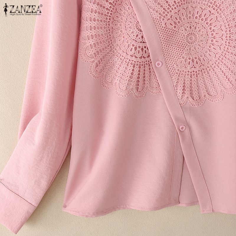 ZANZEA Женская повседневная блузка с отложным воротником, длинным рукавом и кружевной отделкой