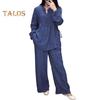 2 Pcs/Set Women Top Pants Suit Round Neck Half Single-breasted Long Sleeves Loose Blouse Wide Leg Pure Color Trousers Casual Pantsuit Sport Clothes
